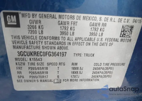 2015 Chevrolet Silverado 1500 1Lt из США, поврежденный, VIN 3GCUKREC0FG364197